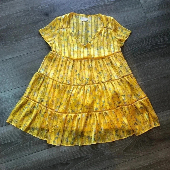 Urban Outfitters Yellow Gold Pippa Chiffon Tiered Floral Mini Dress Size XS - Picture 4 of 14